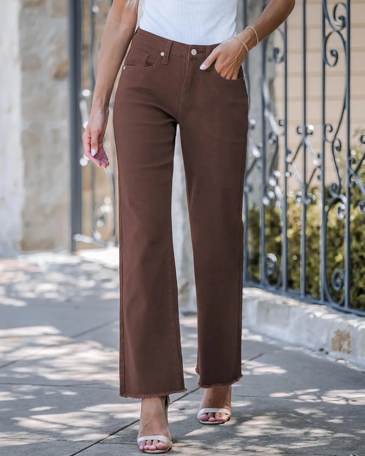 LookbookStore Wide Leg Jeans for Women Trendy High Waisted Straight Leg Frayed Hem Baggy Stretchy Denim Trousers Pants