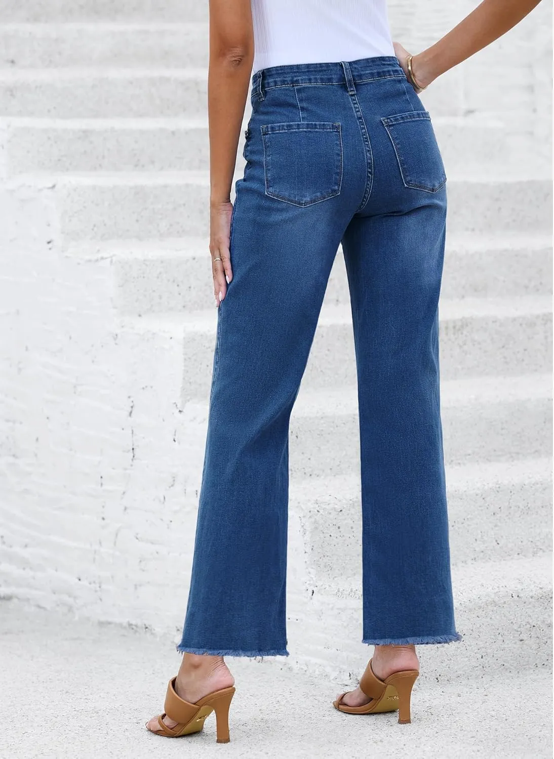 LookbookStore Wide Leg Jeans for Women Trendy High Waisted Straight Leg Frayed Hem Baggy Stretchy Denim Trousers Pants
