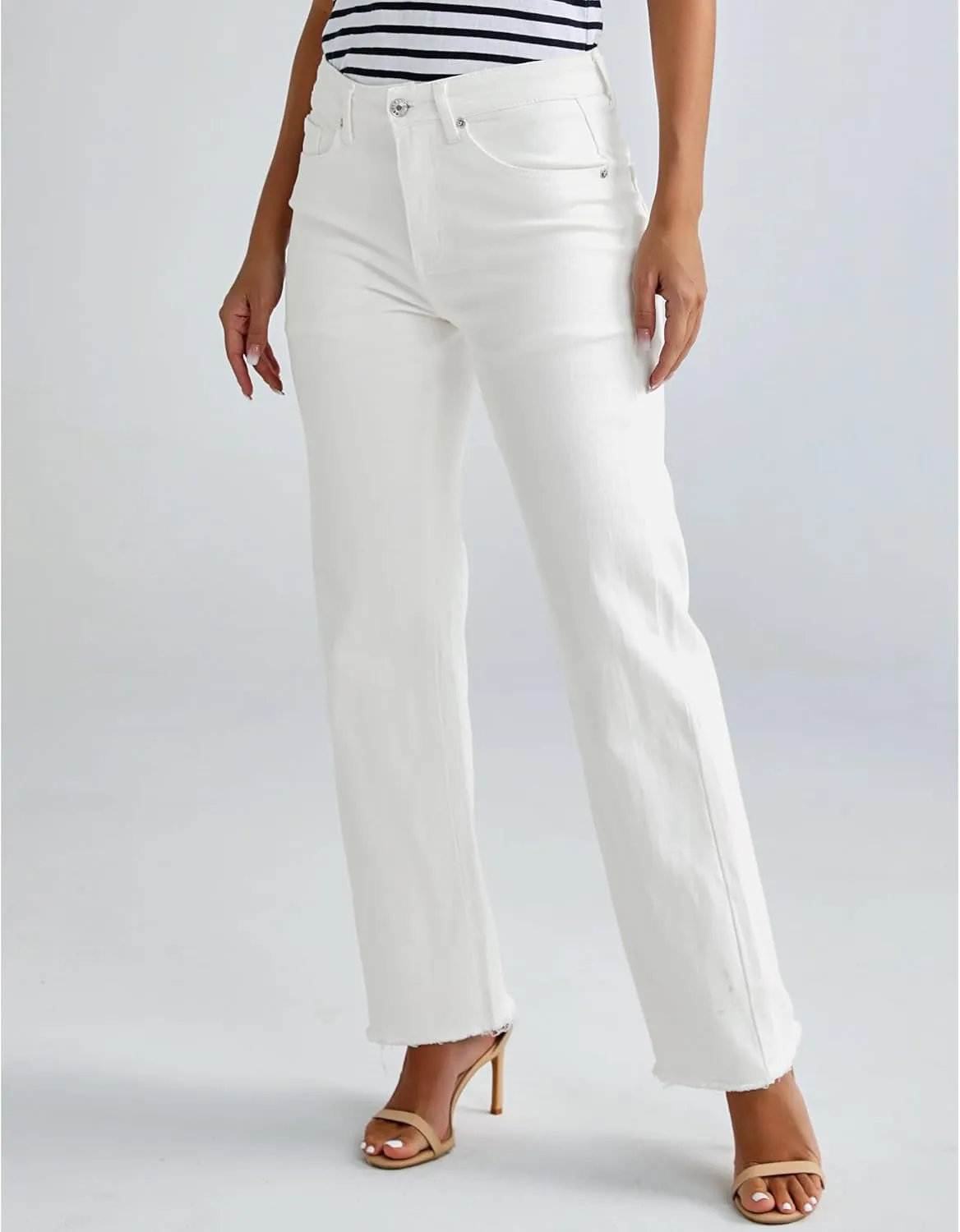 LookbookStore Wide Leg Jeans for Women Trendy High Waisted Straight Leg Frayed Hem Baggy Stretchy Denim Trousers Pants