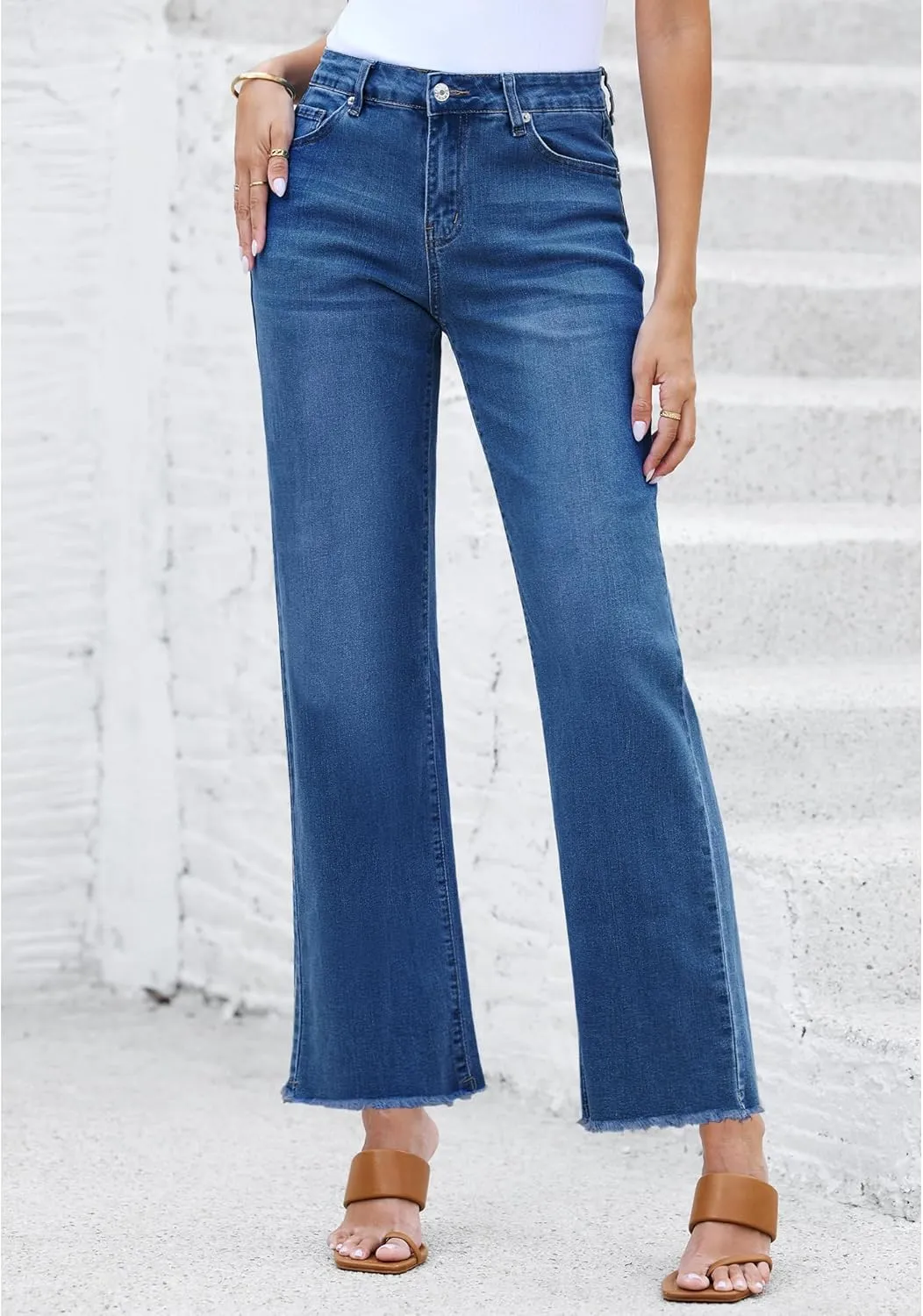 LookbookStore Wide Leg Jeans for Women Trendy High Waisted Straight Leg Frayed Hem Baggy Stretchy Denim Trousers Pants