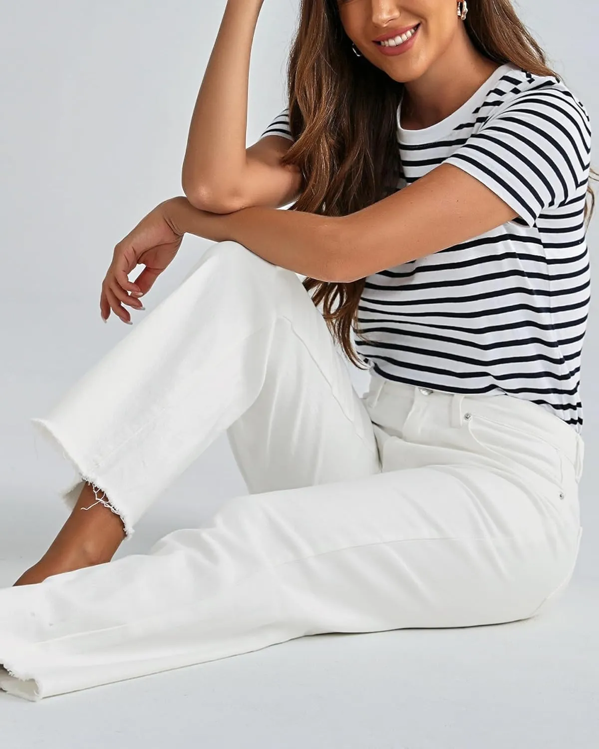 LookbookStore Wide Leg Jeans for Women Trendy High Waisted Straight Leg Frayed Hem Baggy Stretchy Denim Trousers Pants