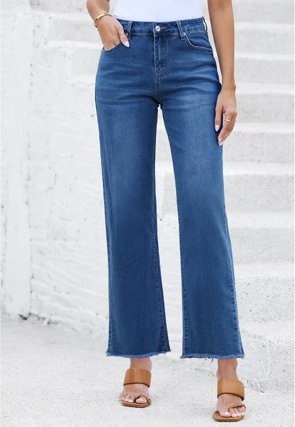 LookbookStore Wide Leg Jeans for Women Trendy High Waisted Straight Leg Frayed Hem Baggy Stretchy Denim Trousers Pants