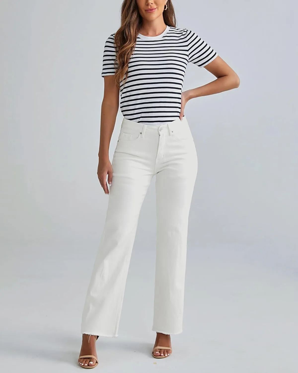 LookbookStore Wide Leg Jeans for Women Trendy High Waisted Straight Leg Frayed Hem Baggy Stretchy Denim Trousers Pants
