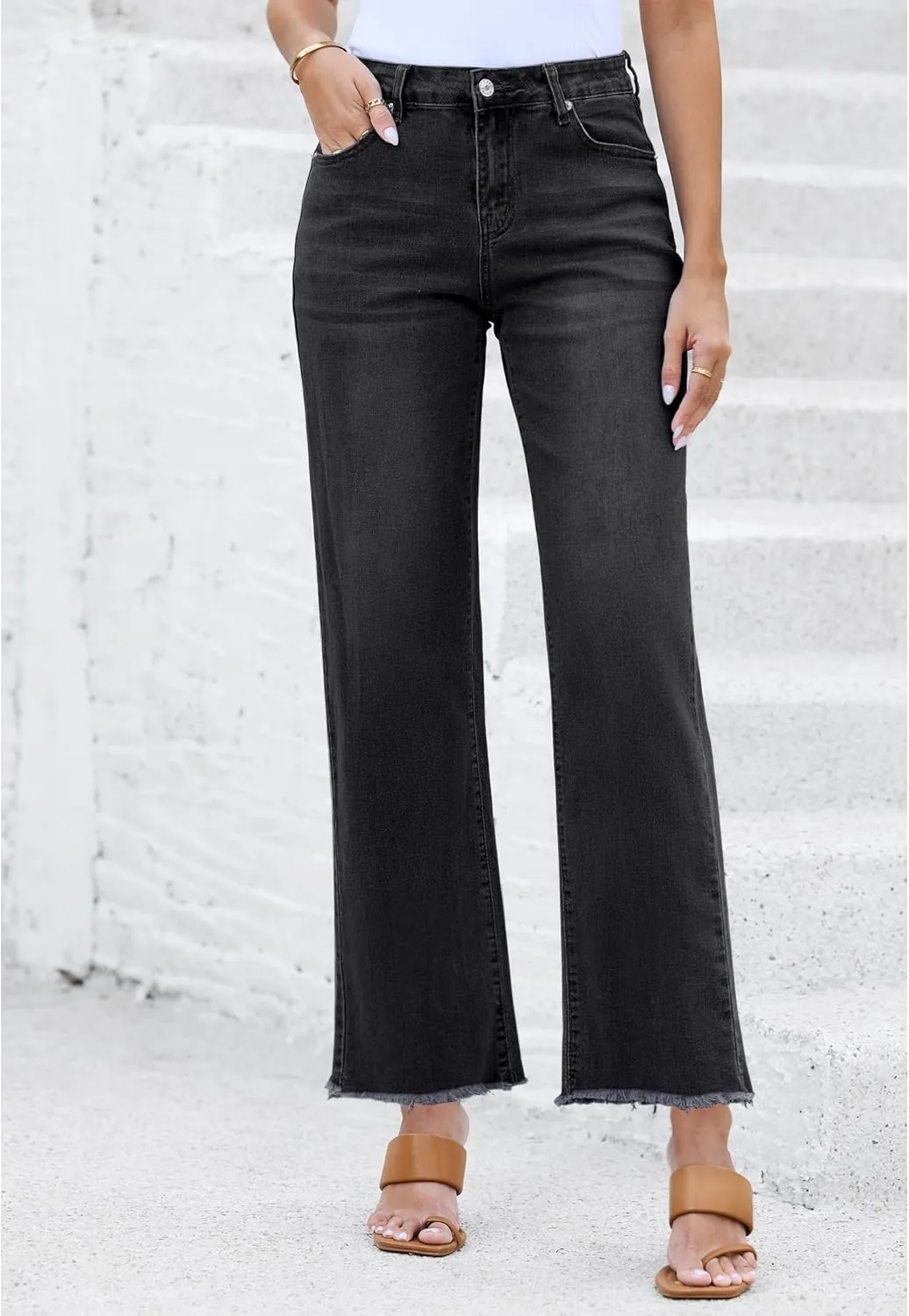 LookbookStore Wide Leg Jeans for Women Trendy High Waisted Straight Leg Frayed Hem Baggy Stretchy Denim Trousers Pants