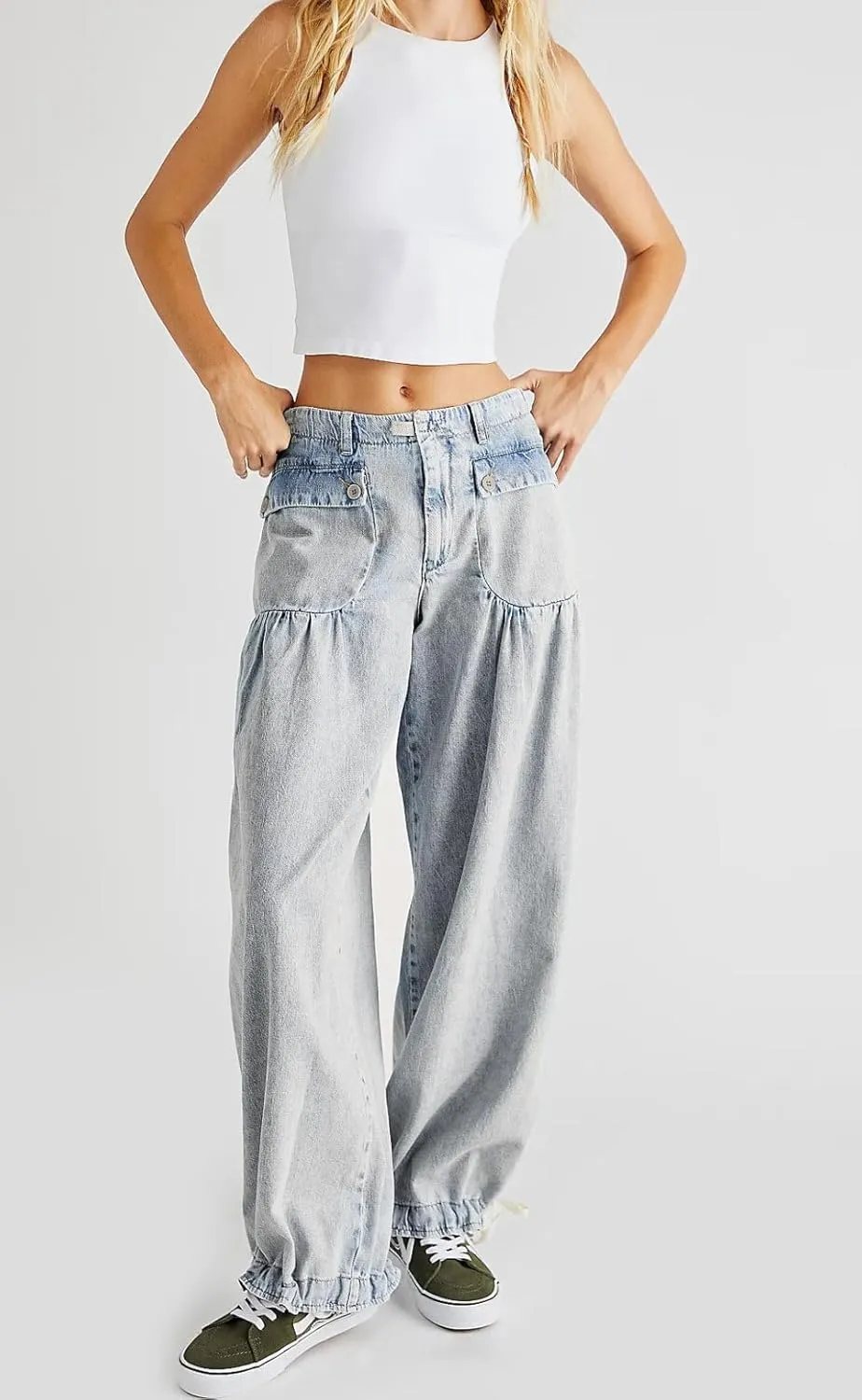 loveimgs Women Ruffle Denim Pants Pleated Wide Leg Jeans Baggy Cargo Harem Pants Mid Rise Sweatpants Tie Bottom