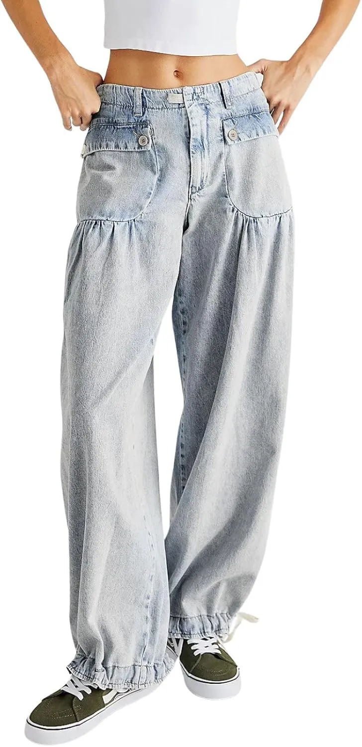 loveimgs Women Ruffle Denim Pants Pleated Wide Leg Jeans Baggy Cargo Harem Pants Mid Rise Sweatpants Tie Bottom