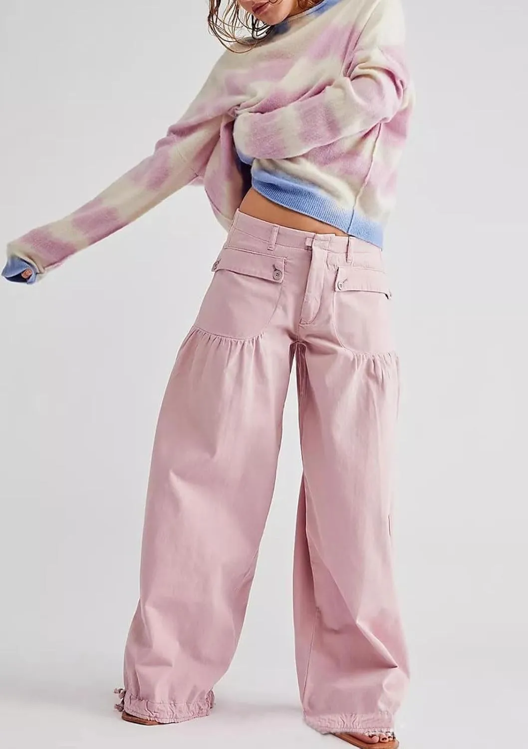 loveimgs Women Ruffle Denim Pants Pleated Wide Leg Jeans Baggy Cargo Harem Pants Mid Rise Sweatpants Tie Bottom