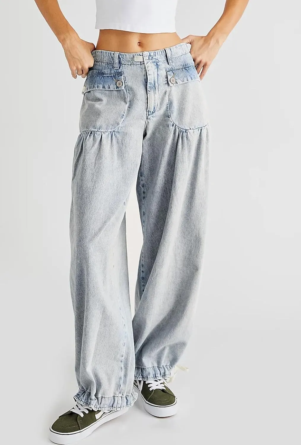 loveimgs Women Ruffle Denim Pants Pleated Wide Leg Jeans Baggy Cargo Harem Pants Mid Rise Sweatpants Tie Bottom