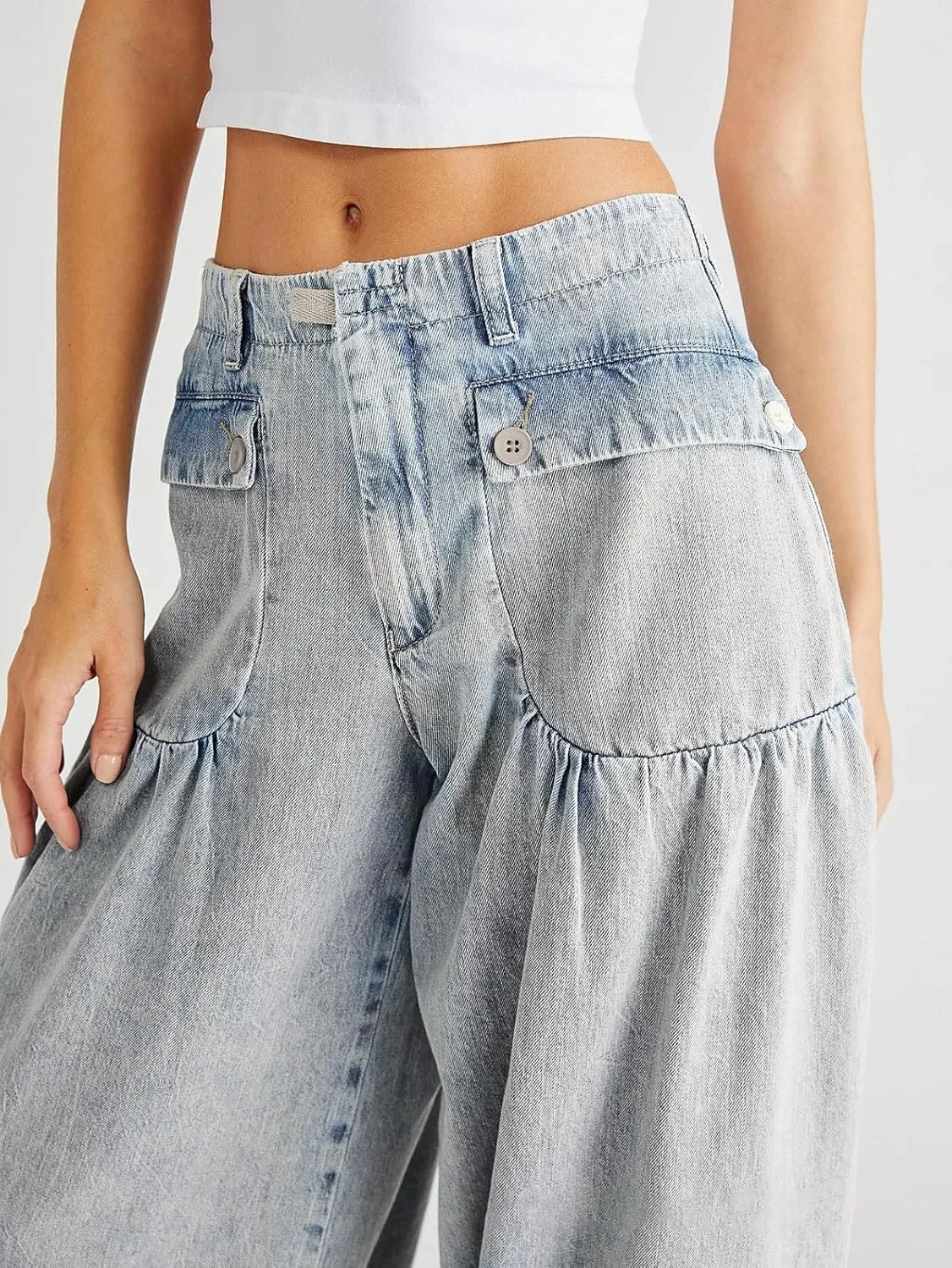 loveimgs Women Ruffle Denim Pants Pleated Wide Leg Jeans Baggy Cargo Harem Pants Mid Rise Sweatpants Tie Bottom