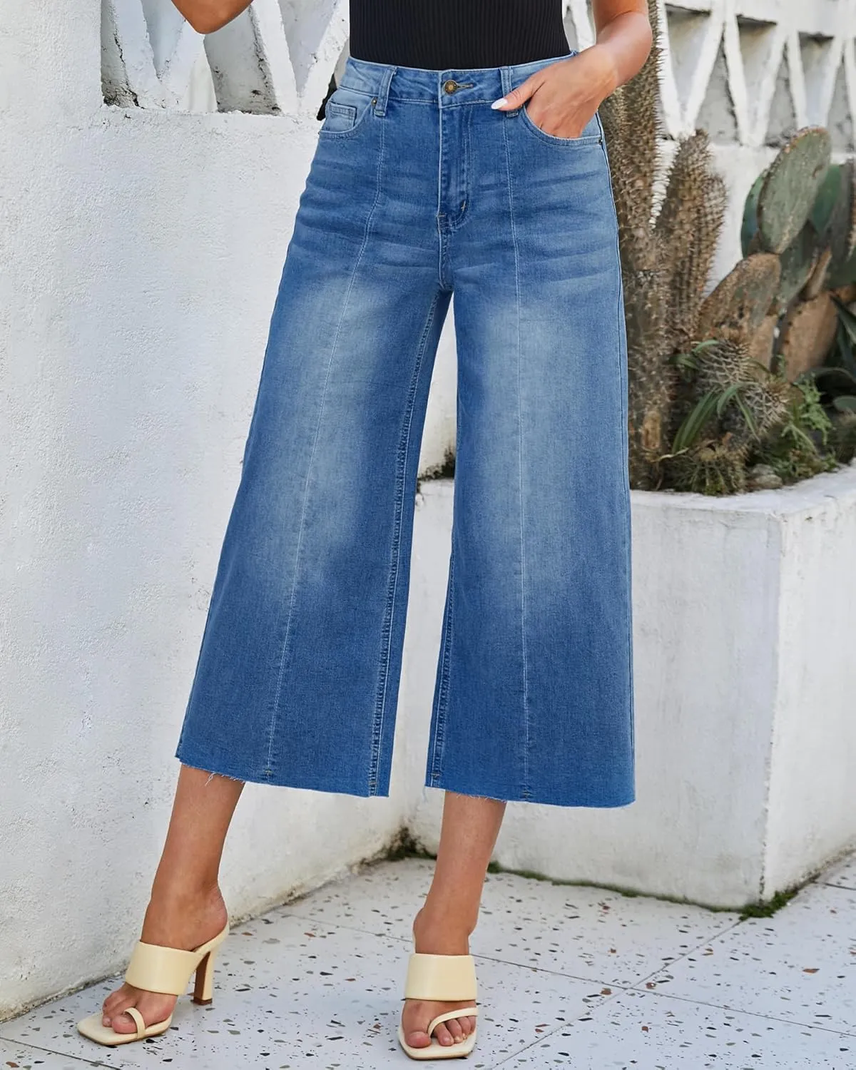 luvamia Wide Leg Capris Jeans for Women Trendy High Waisted Jean Capris Raw Hem Stretchy Denim Capri Cropped Pants