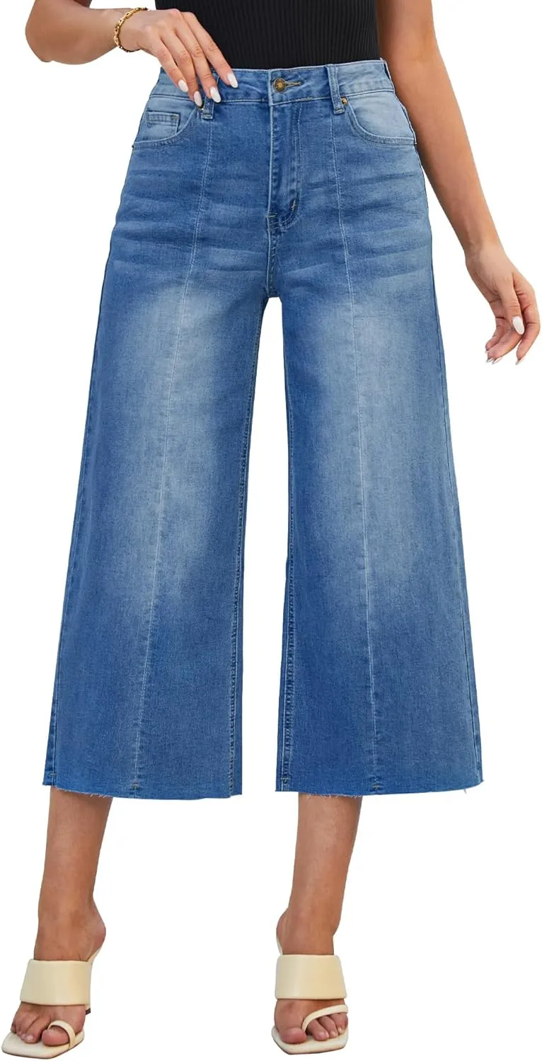 luvamia Wide Leg Capris Jeans for Women Trendy High Waisted Jean Capris Raw Hem Stretchy Denim Capri Cropped Pants