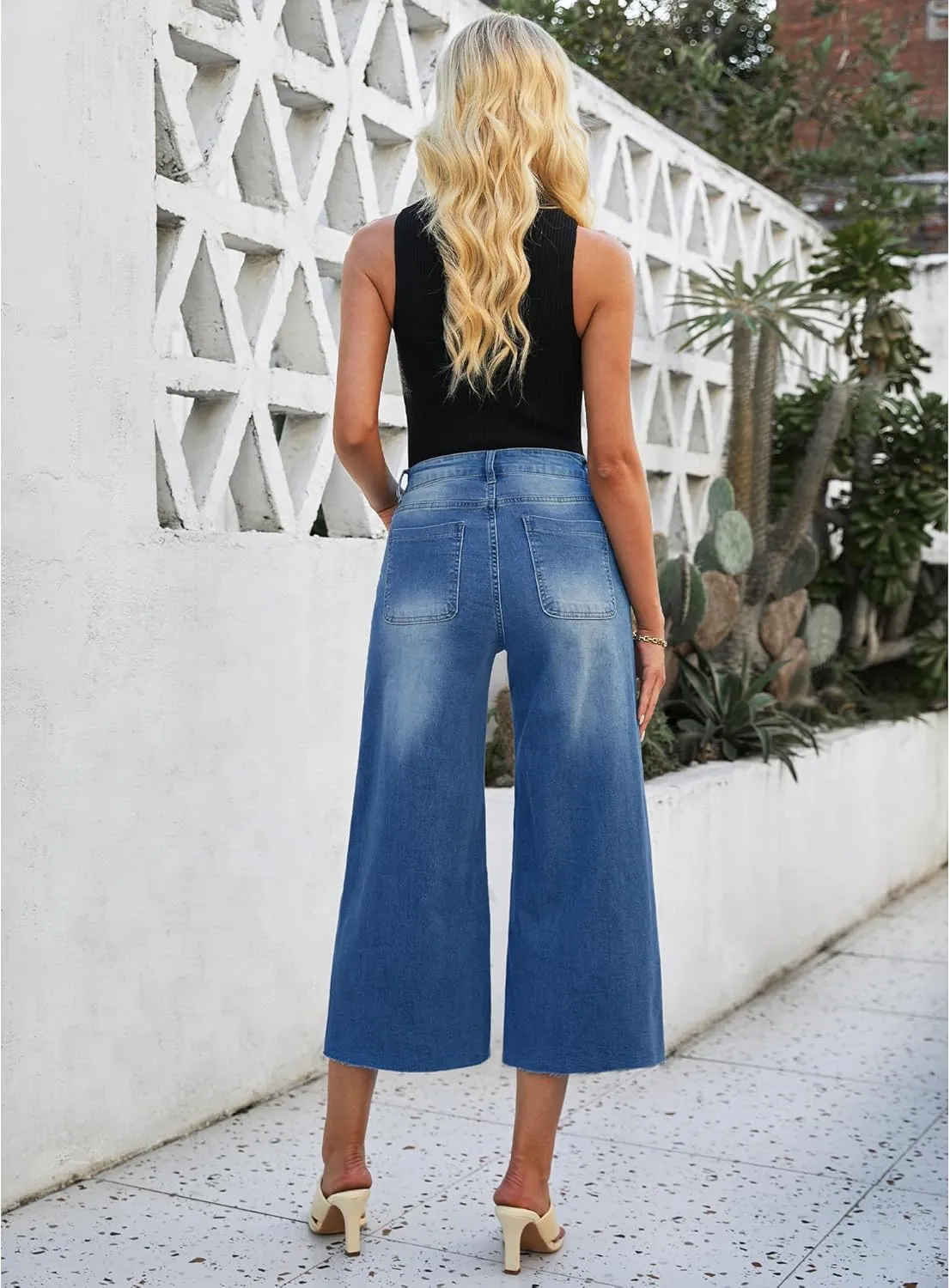 luvamia Wide Leg Capris Jeans for Women Trendy High Waisted Jean Capris Raw Hem Stretchy Denim Capri Cropped Pants