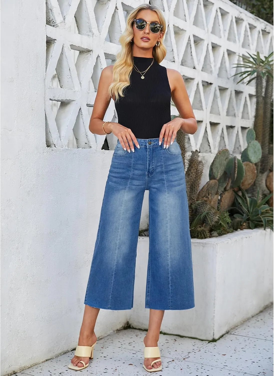 luvamia Wide Leg Capris Jeans for Women Trendy High Waisted Jean Capris Raw Hem Stretchy Denim Capri Cropped Pants
