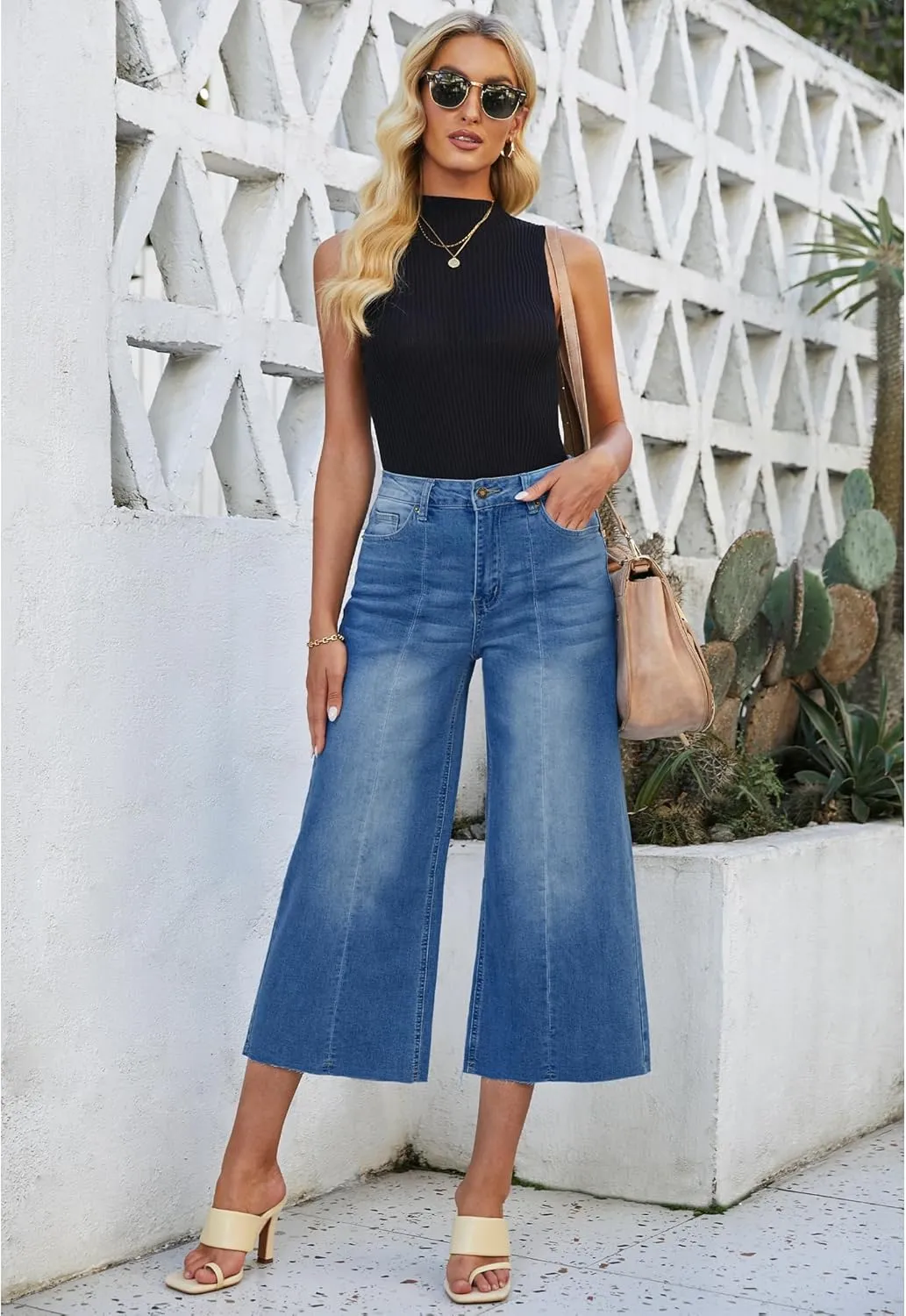 luvamia Wide Leg Capris Jeans for Women Trendy High Waisted Jean Capris Raw Hem Stretchy Denim Capri Cropped Pants