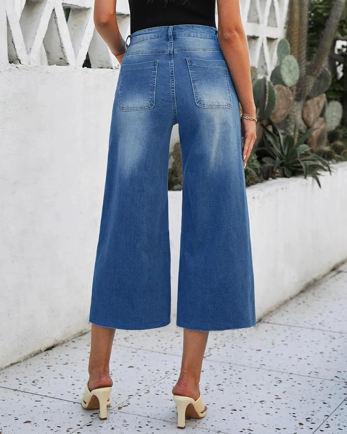 luvamia Wide Leg Capris Jeans for Women Trendy High Waisted Jean Capris Raw Hem Stretchy Denim Capri Cropped Pants