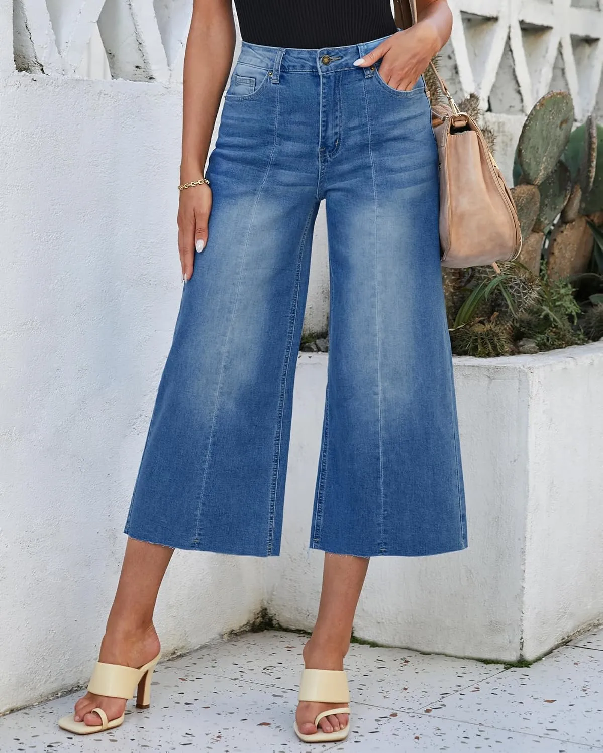 luvamia Wide Leg Capris Jeans for Women Trendy High Waisted Jean Capris Raw Hem Stretchy Denim Capri Cropped Pants