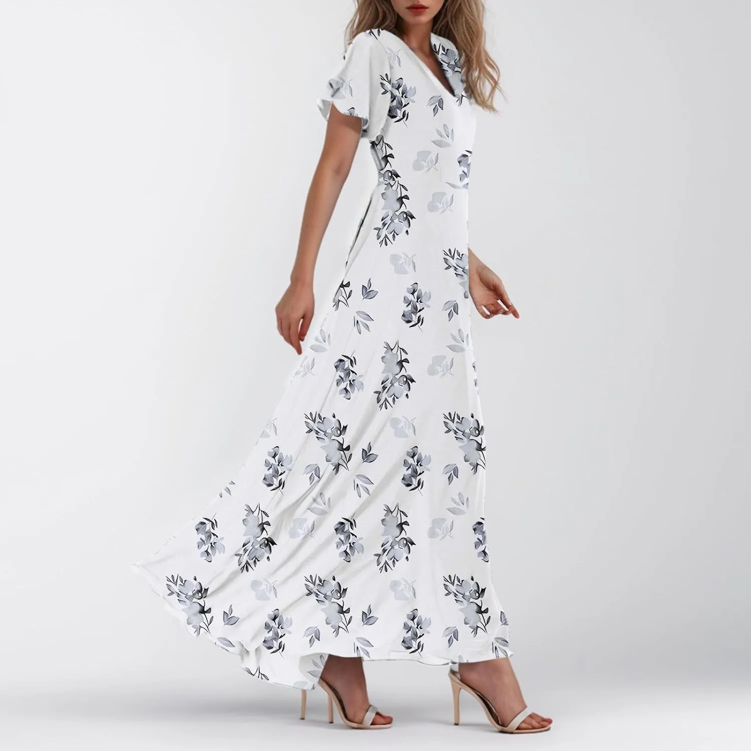 Maxi Dresses for Women,2025 Summer Trendy Floral Boho Dress,Casual V Neck Short Sleeve Chiffon Flowy Beach Dress