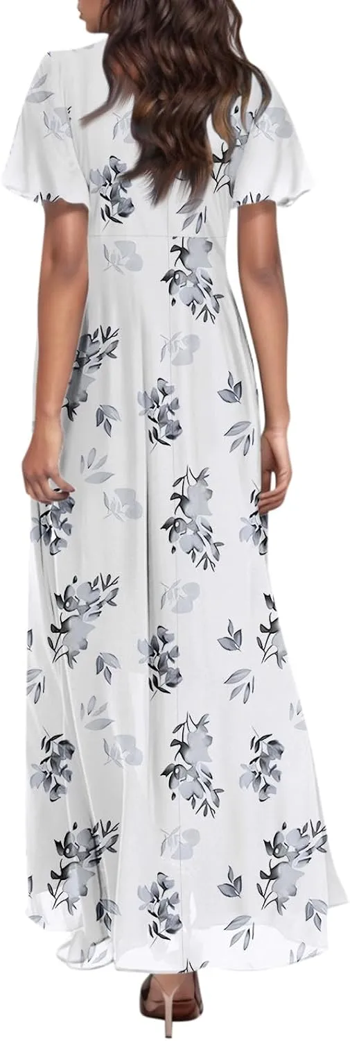 Maxi Dresses for Women,2025 Summer Trendy Floral Boho Dress,Casual V Neck Short Sleeve Chiffon Flowy Beach Dress