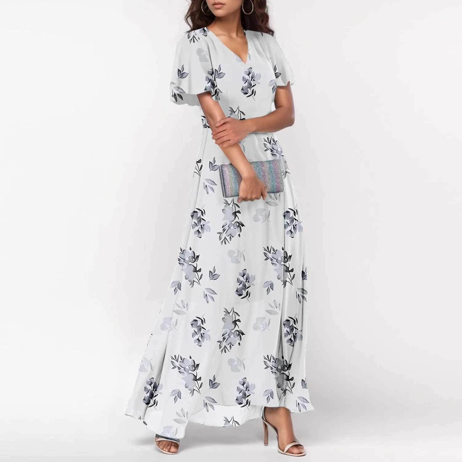 Maxi Dresses for Women,2025 Summer Trendy Floral Boho Dress,Casual V Neck Short Sleeve Chiffon Flowy Beach Dress
