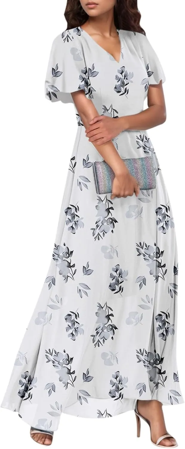 Maxi Dresses for Women,2025 Summer Trendy Floral Boho Dress,Casual V Neck Short Sleeve Chiffon Flowy Beach Dress