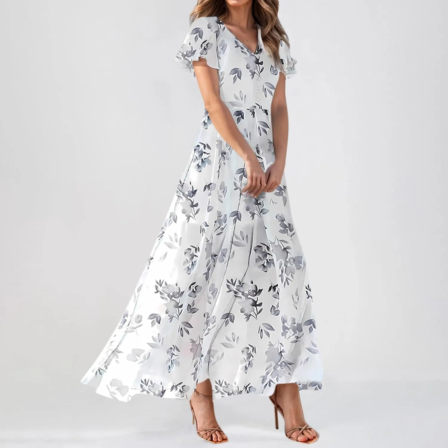 Maxi Dresses for Women,2025 Summer Trendy Floral Boho Dress,Casual V Neck Short Sleeve Chiffon Flowy Beach Dress