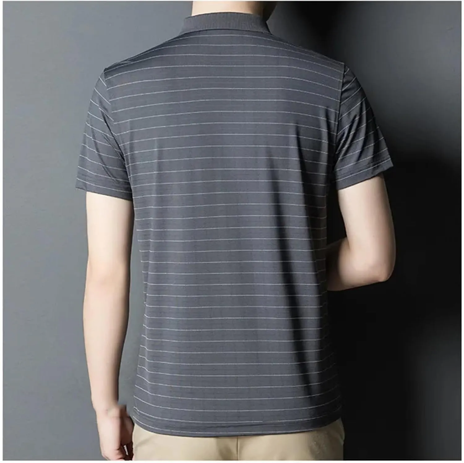 Men Fashion Cotton Polo Shirt Summer Short Sleeve Button Down Lapel Striped Tactical Quick-Dry Golf Shirts