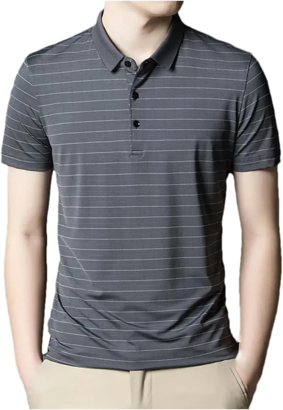 Men Fashion Cotton Polo Shirt Summer Short Sleeve Button Down Lapel Striped Tactical Quick-Dry Golf Shirts