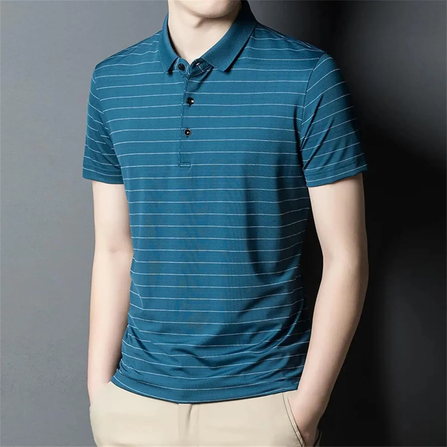 Men Fashion Cotton Polo Shirt Summer Short Sleeve Button Down Lapel Striped Tactical Quick-Dry Golf Shirts