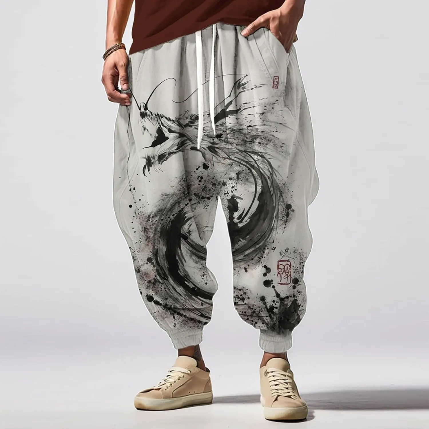 Men Linen Drop Crotch Wide Leg Baggy Harem Pants Sweatpants Mens Drawstring Aladdil Hippie Harem Pants Linen Pants