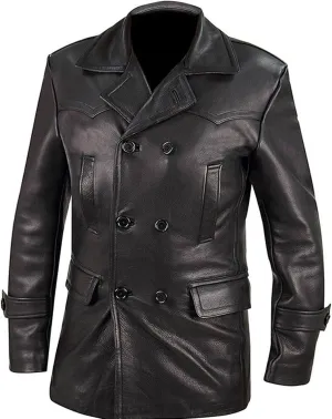 Mens Black Genuine Leather Trench Coat - Vintage German Officer WW2 Military Pea Coat Long Uniform Coat