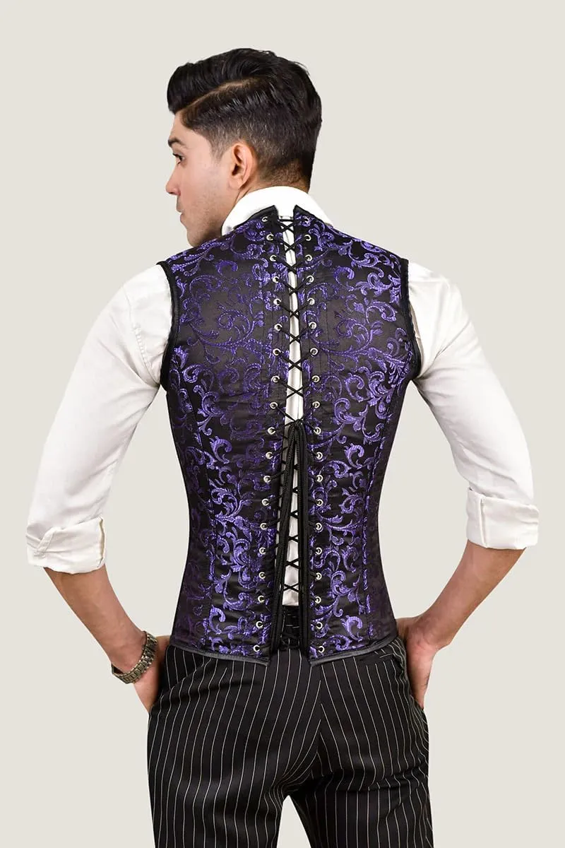 Men's Brocade Corset Vest  Waist Training Cincher with Steel Boning for Body Shaping and Posture Support