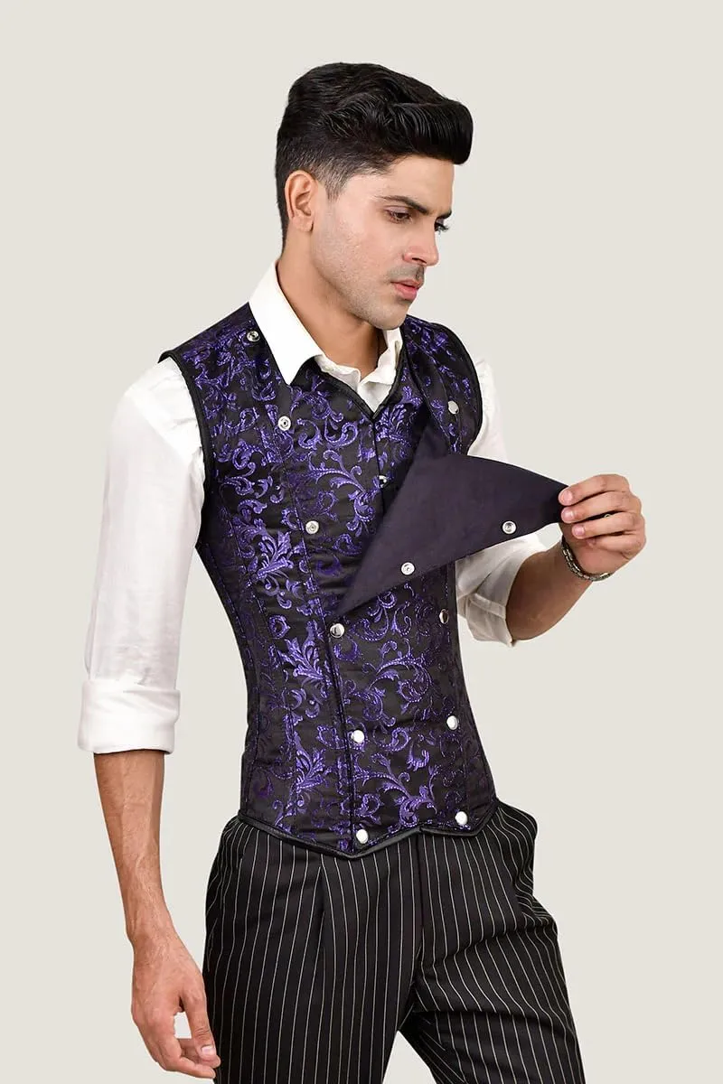 Men's Brocade Corset Vest  Waist Training Cincher with Steel Boning for Body Shaping and Posture Support