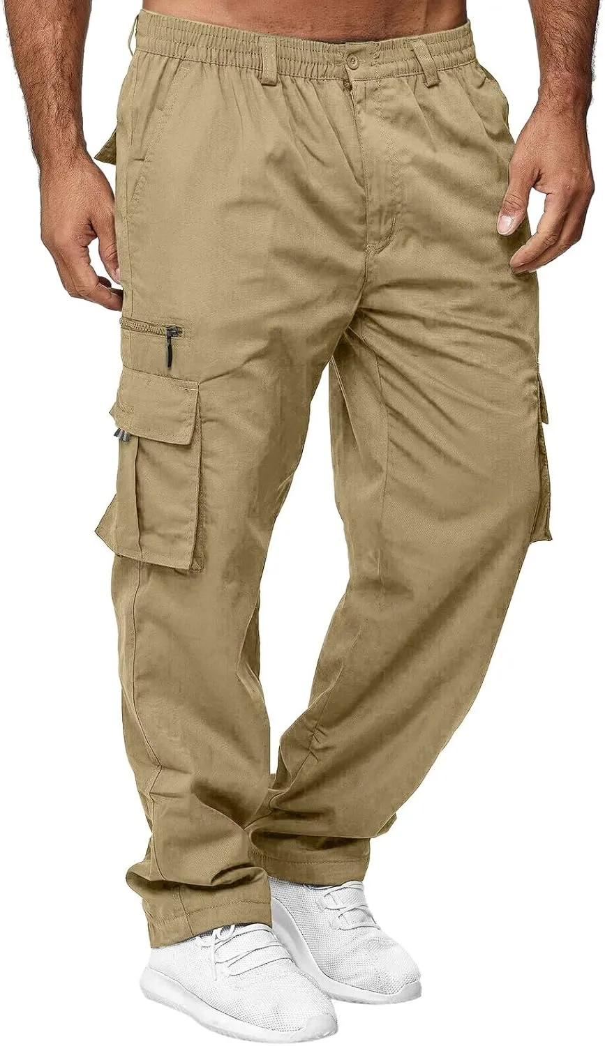 Men's Cargo Work Pants, Straight Leg Zipper Joggers Pants, Sports Fitness Casual Tactical Trousers with Muilt Pockets