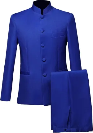 Mens Chinese Tunic Suit Slim Fit Stand Collar 2 Pieces Suits Mandarin Collar Blazer Jacket Pants Set Uniform Dress