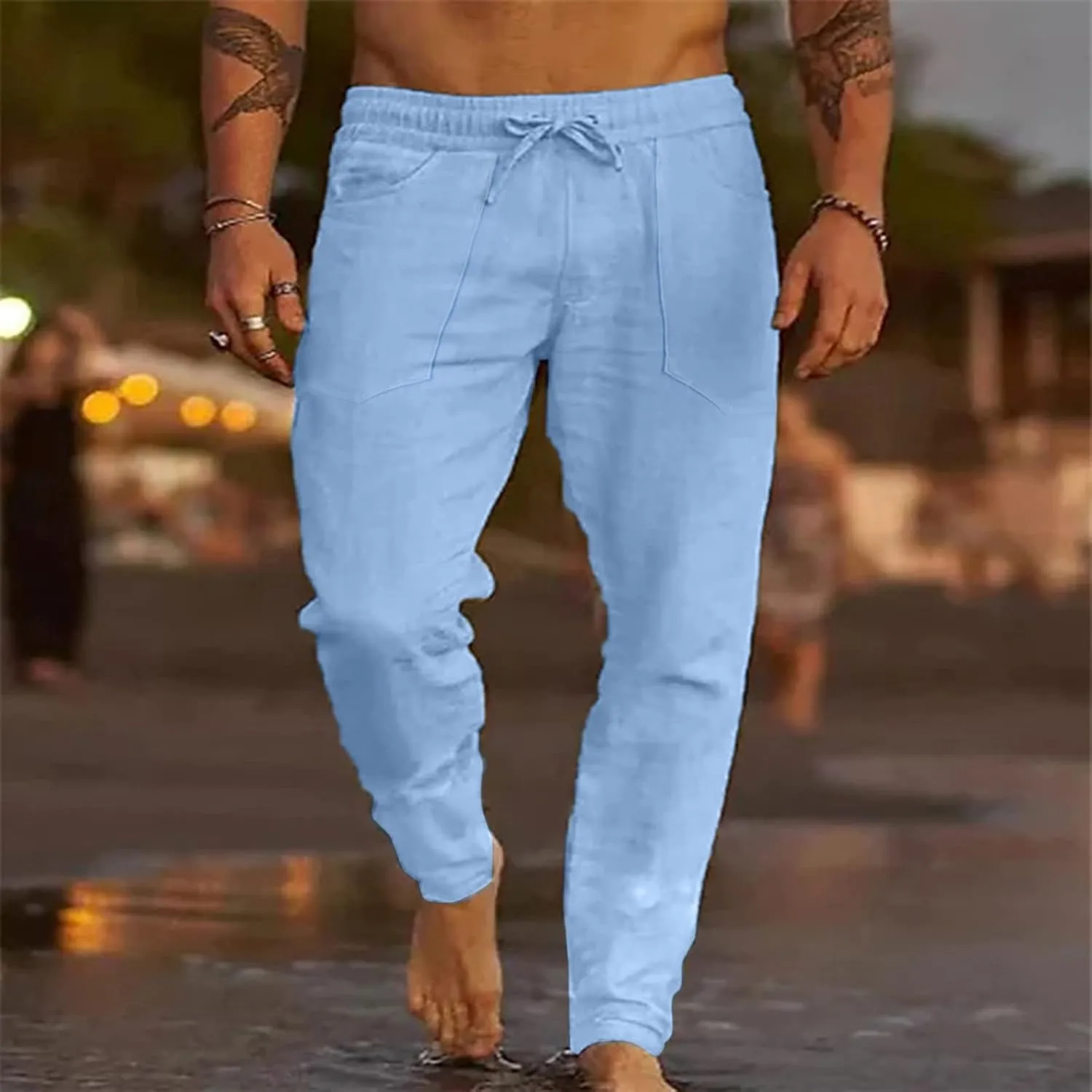 Men's Cotton Linen Loose Pants Casual Drawstring Elastic Waist Beach Trousers Solid Color Fashion Summer Trousers