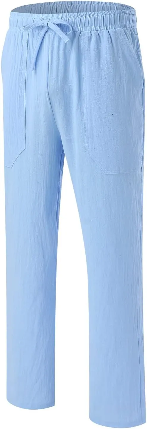 Men's Cotton Linen Loose Pants Casual Drawstring Elastic Waist Beach Trousers Solid Color Fashion Summer Trousers