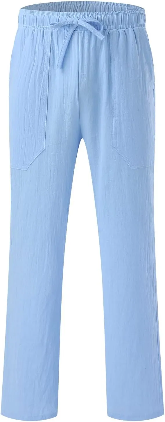 Men's Cotton Linen Loose Pants Casual Drawstring Elastic Waist Beach Trousers Solid Color Fashion Summer Trousers