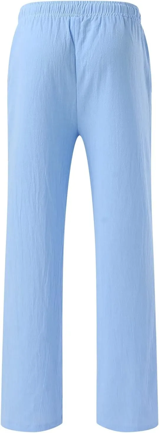 Men's Cotton Linen Loose Pants Casual Drawstring Elastic Waist Beach Trousers Solid Color Fashion Summer Trousers