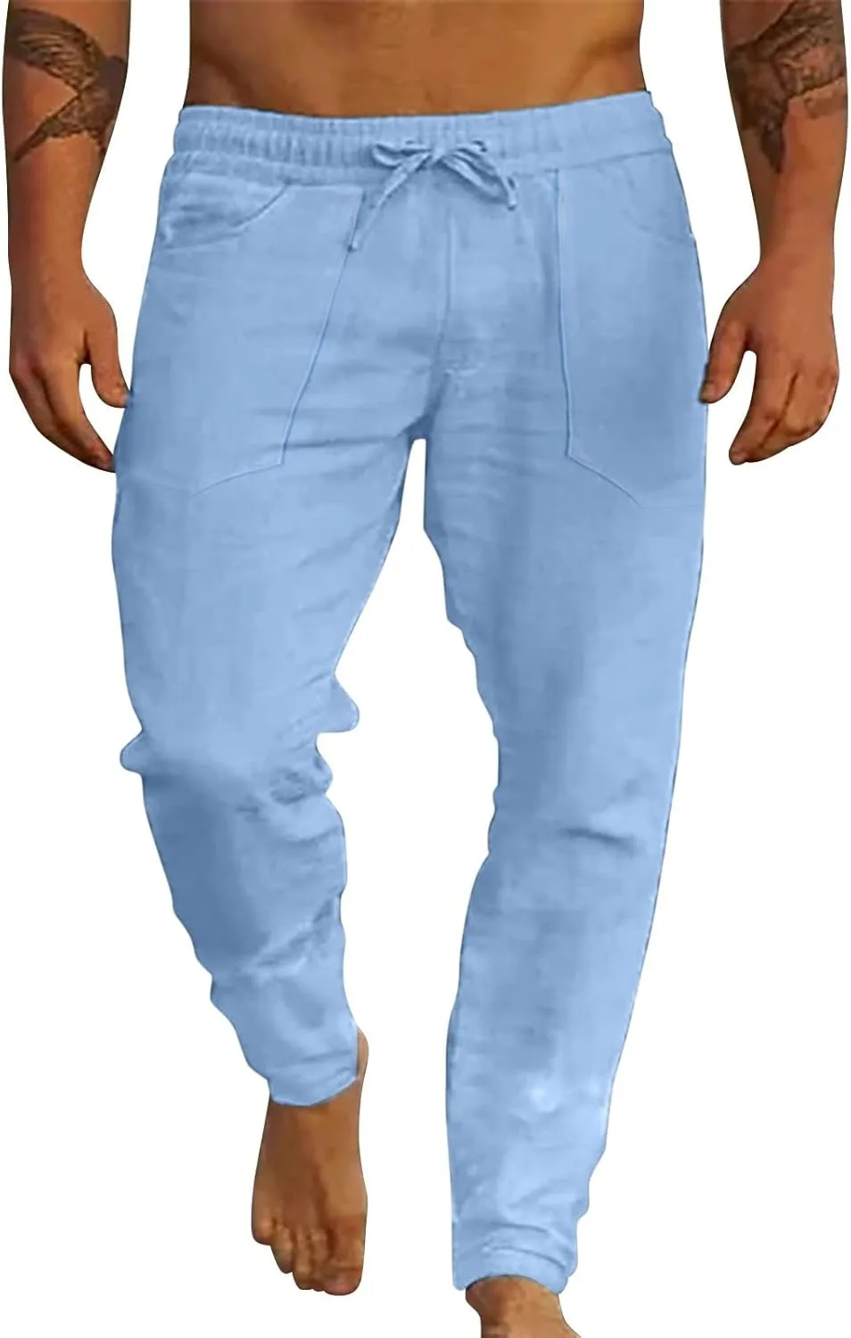 Men's Cotton Linen Loose Pants Casual Drawstring Elastic Waist Beach Trousers Solid Color Fashion Summer Trousers