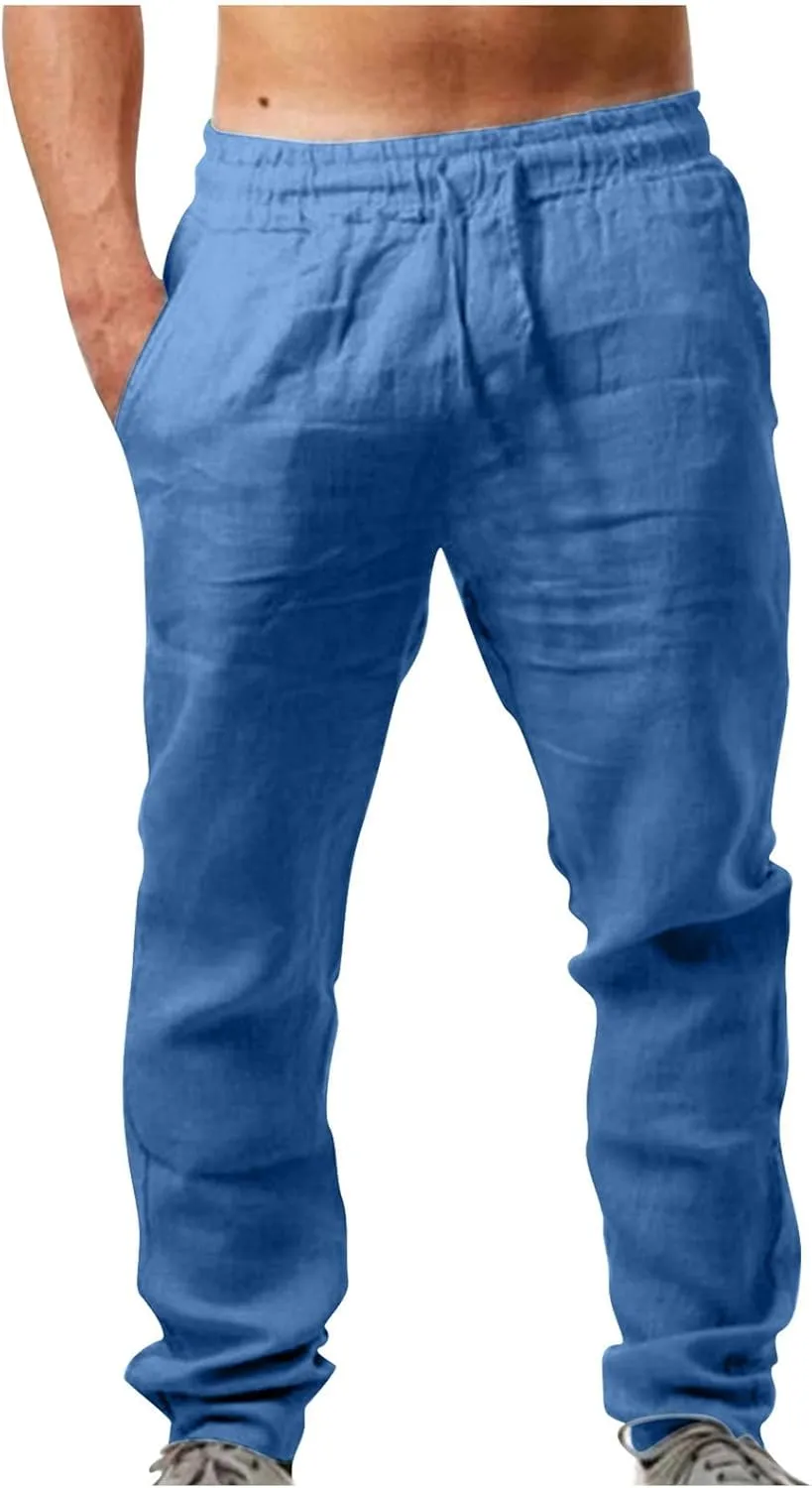 Mens Cotton Linen Pants Casual Lightweight Loose Beach Pant Elastic Drawstring Waist Straight Leg Trouser with Pocket