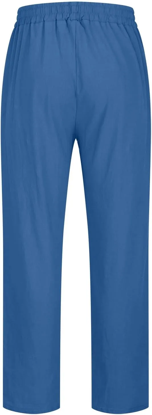 Mens Cotton Linen Pants Casual Lightweight Loose Beach Pant Elastic Drawstring Waist Straight Leg Trouser with Pocket