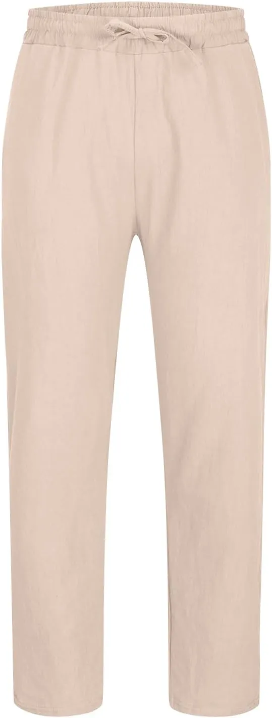 Mens Cotton Linen Pants Casual Lightweight Loose Beach Pant Elastic Drawstring Waist Straight Leg Trouser with Pocket