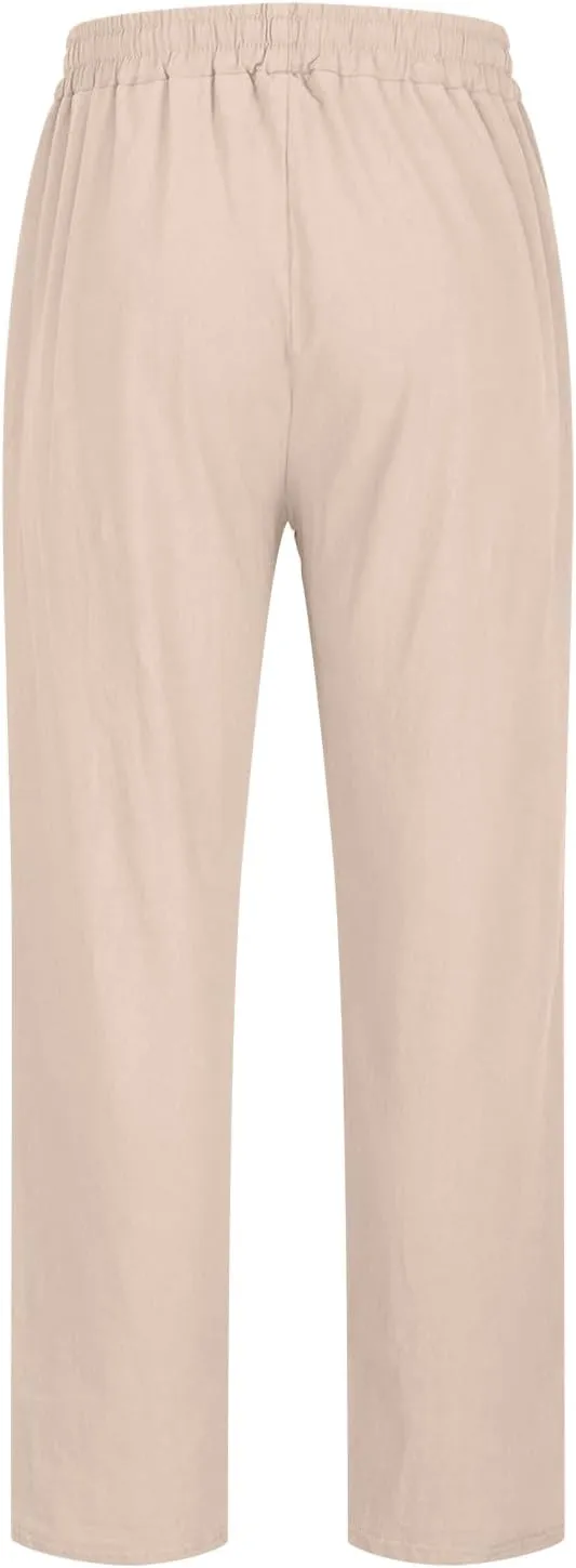 Mens Cotton Linen Pants Casual Lightweight Loose Beach Pant Elastic Drawstring Waist Straight Leg Trouser with Pocket