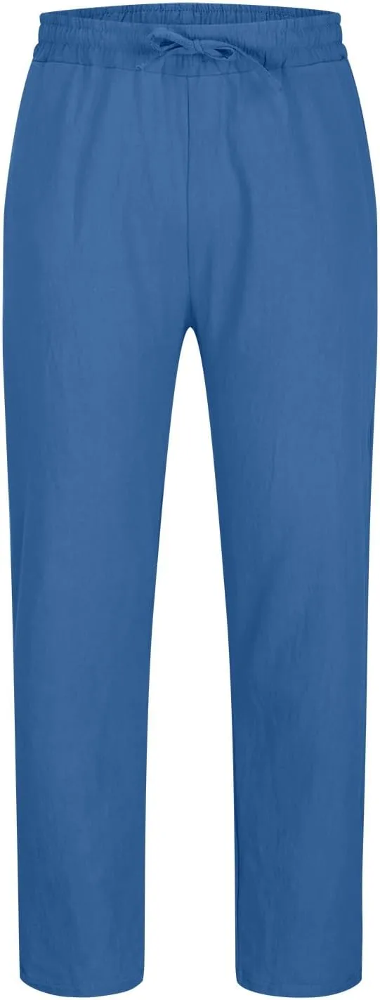 Mens Cotton Linen Pants Casual Lightweight Loose Beach Pant Elastic Drawstring Waist Straight Leg Trouser with Pocket