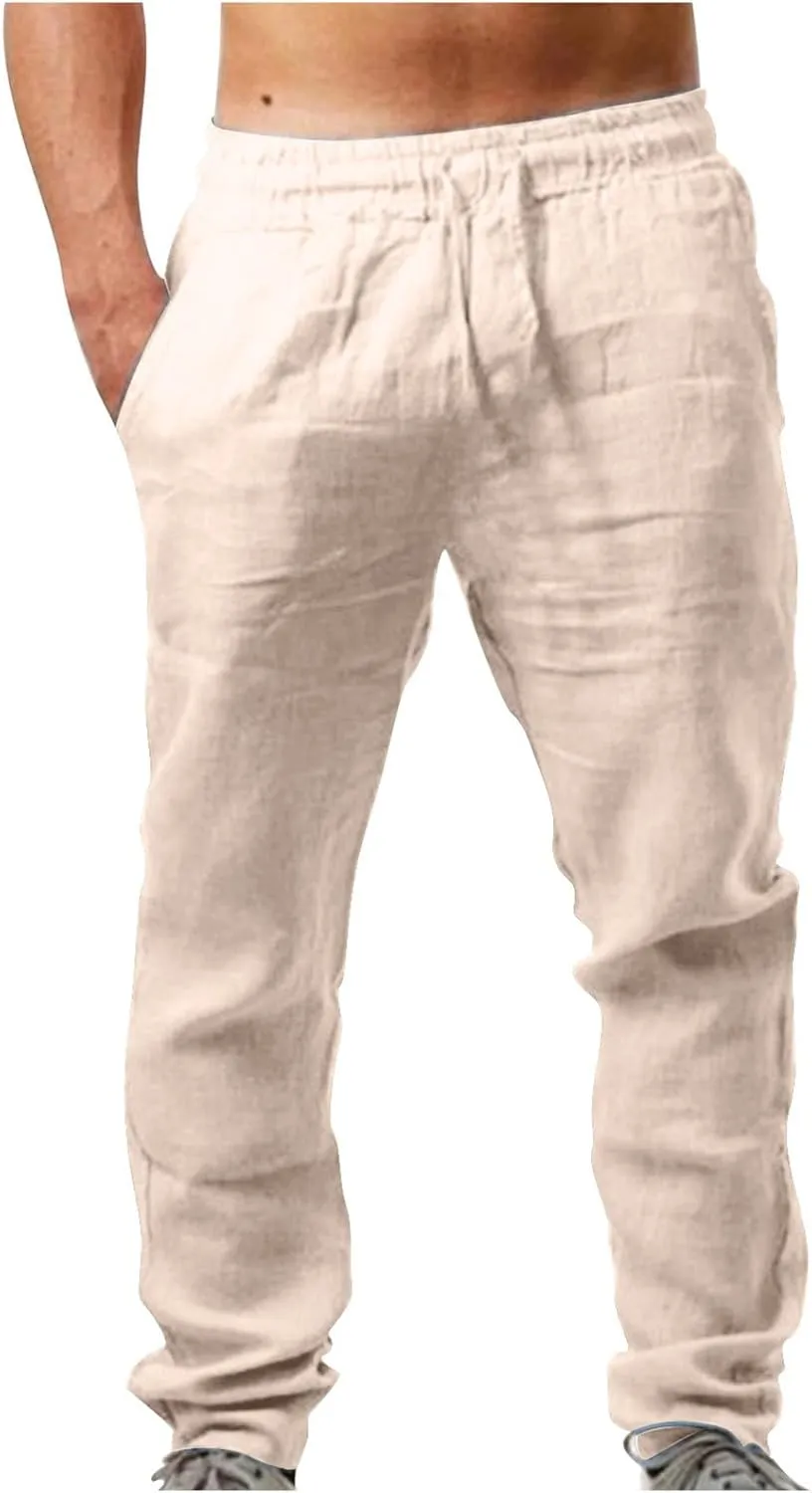 Mens Cotton Linen Pants Casual Lightweight Loose Beach Pant Elastic Drawstring Waist Straight Leg Trouser with Pocket