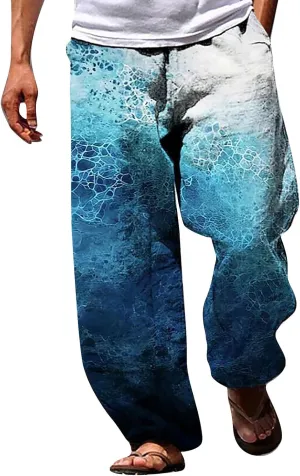 Mens Cotton Linen Printed Pants Straight Leg Loose Fit Outdoor Lounge Trousers for Men Drawstrings Summer Casual Beach Pant