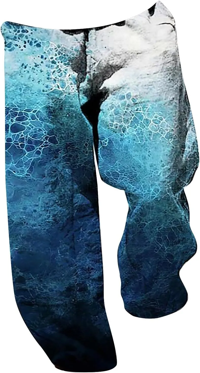 Mens Cotton Linen Printed Pants Straight Leg Loose Fit Outdoor Lounge Trousers for Men Drawstrings Summer Casual Beach Pant