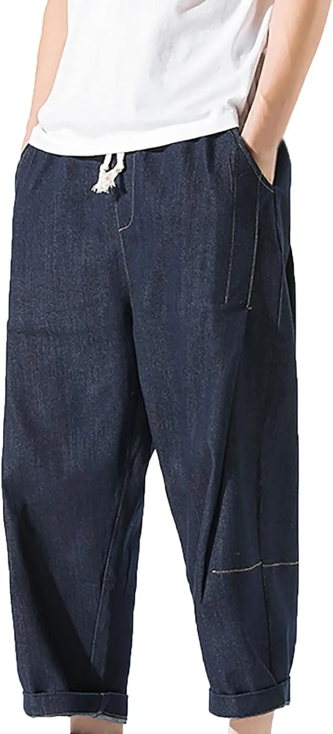 Men's Denim Pants Cropped Harem Trousers Stretchy Drawstring Straight Leg Casual Roll-Up Distressed Work Jean Jogger Pants
