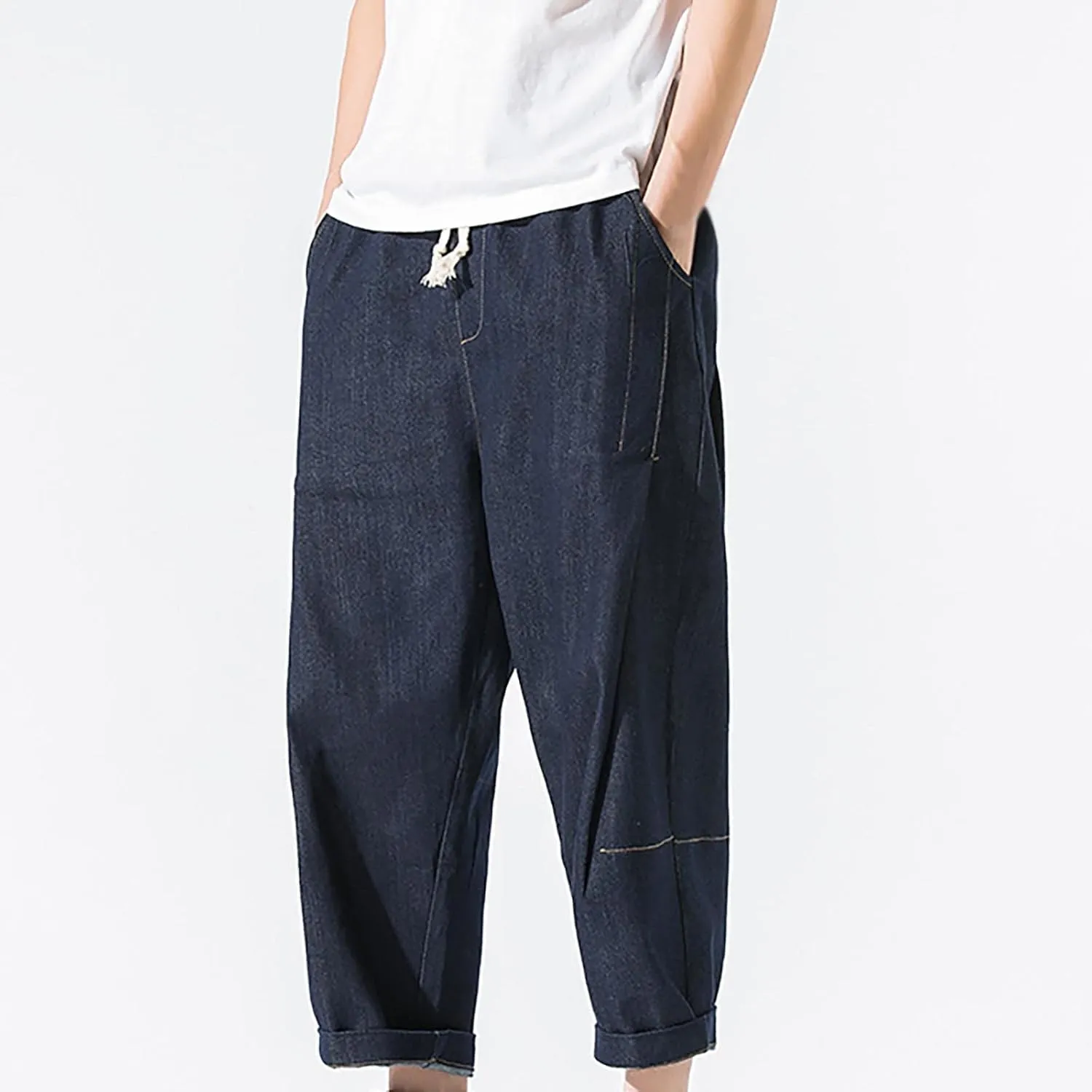 Men's Denim Pants Cropped Harem Trousers Stretchy Drawstring Straight Leg Casual Roll-Up Distressed Work Jean Jogger Pants