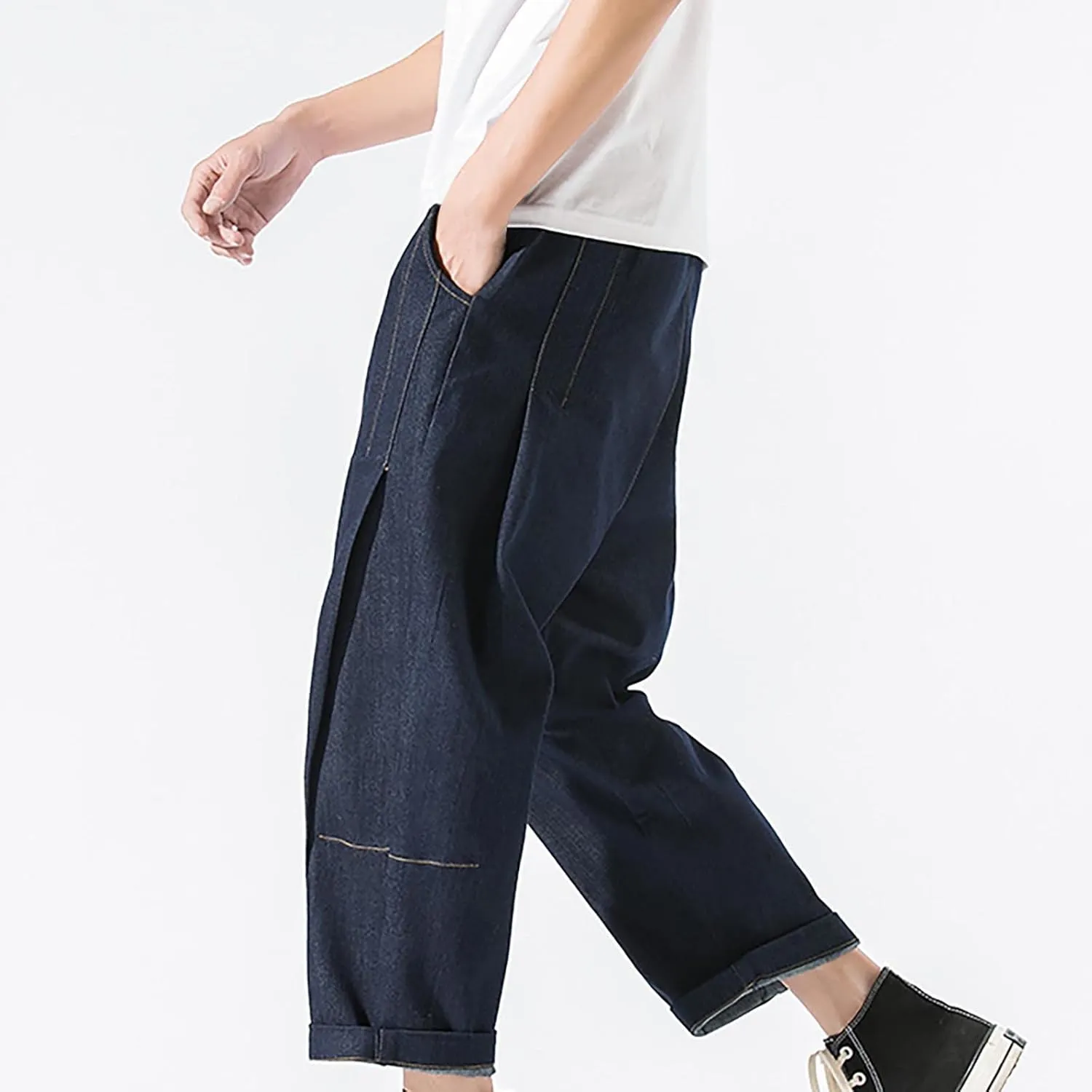Men's Denim Pants Cropped Harem Trousers Stretchy Drawstring Straight Leg Casual Roll-Up Distressed Work Jean Jogger Pants